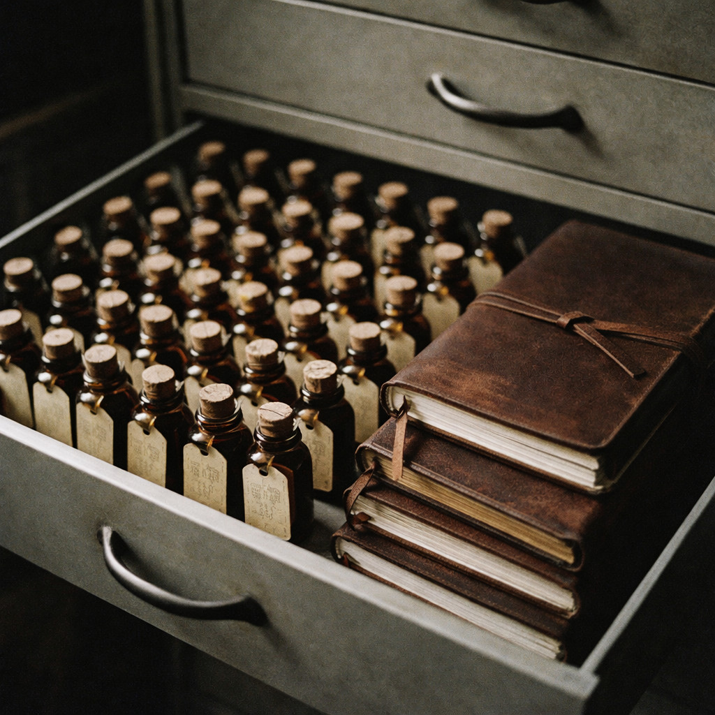 Tiroir d'archives, fioles étiquetées et carnets en cuir