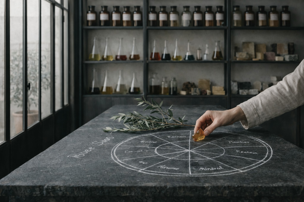 Atelier sensoriel, la roue des saveurs, fioles et matières premières